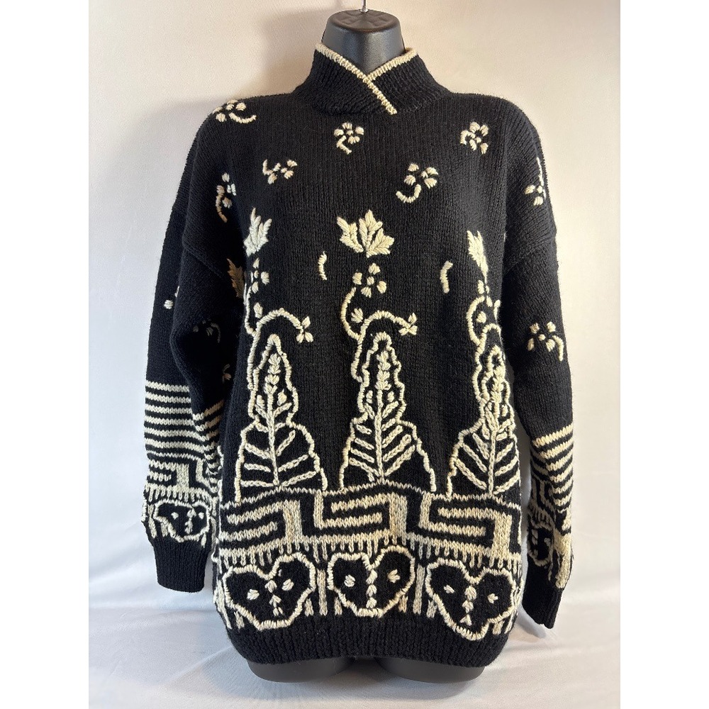 Roberta Freymann Hand Knit Wool Black Embroidered Sweater M Vintage Heritage